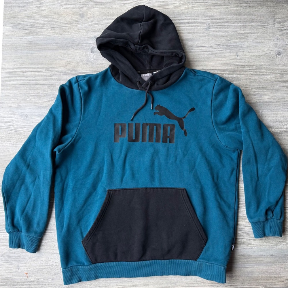 Puma Mens Essentials Colorblock Hoodie Teal Blue Black Logo Sweatshirt Size M